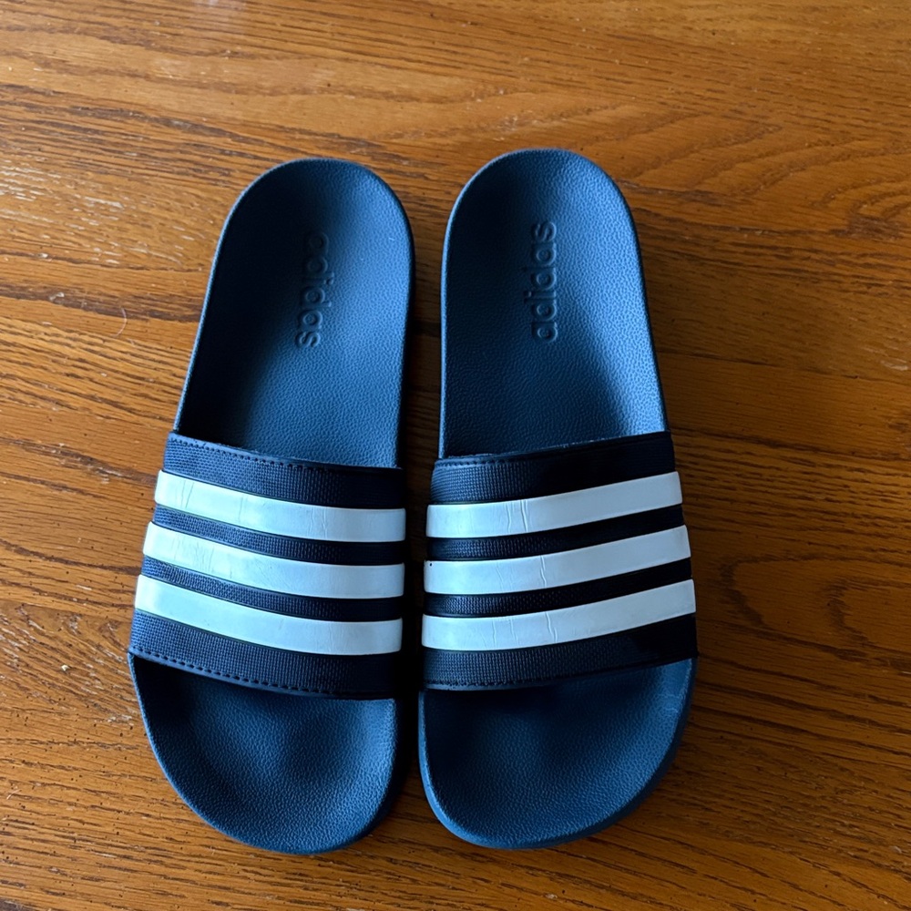 Men’s adidas Black Slides with White Three-Stripes Size 11